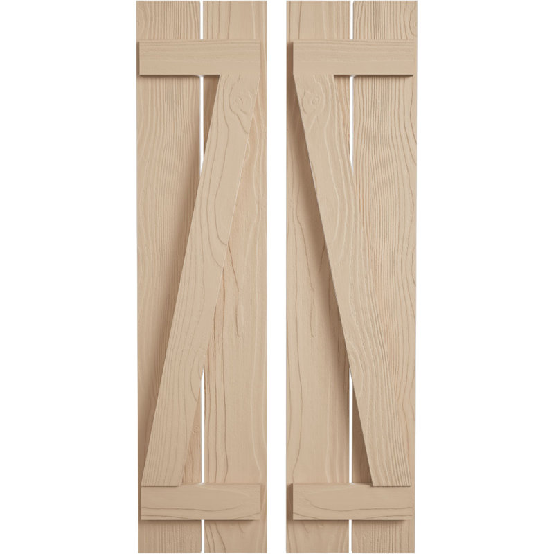 Rustic Two Board Spaced Board-n-Batten Faux Wood Shutters w/Z-Board (Per Pair), Sandblasted Texture/Primed Tan, 11", 82"