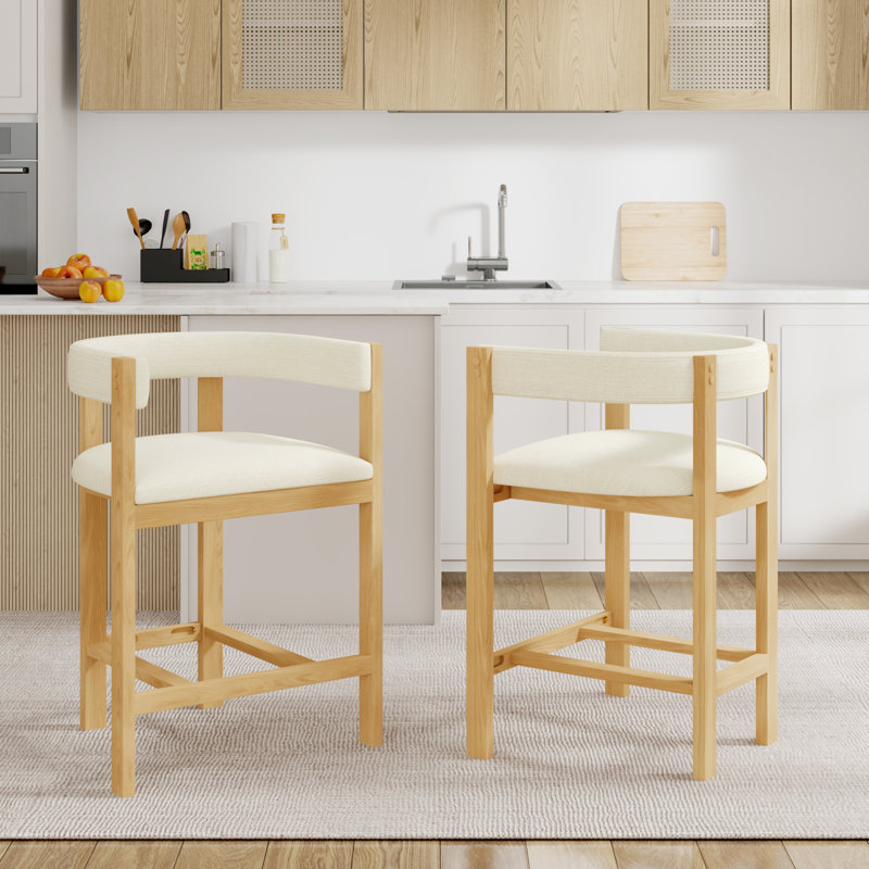  Tabourets de comptoir contemporains beiges, ensemble luxueux de 2 tabourets de baril découpés, siège de baignoire moderne à profil bas en bois d'hévéa naturel