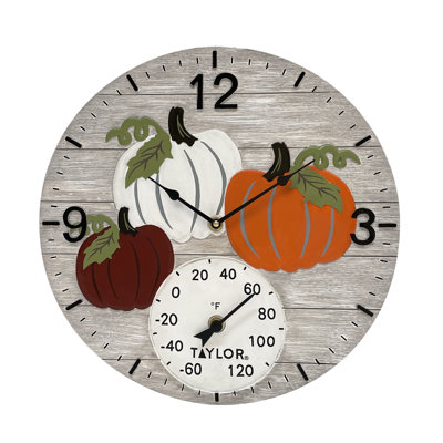 Taylor  Pumpkin Time Poly Resin Clock and Thermometer, 14 Inch, Orange