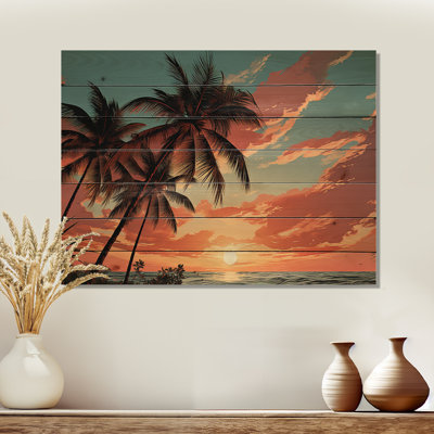 Palm Tree At Sunset I - Palms & Palm Trees Wood Art On Natural Pine Wood