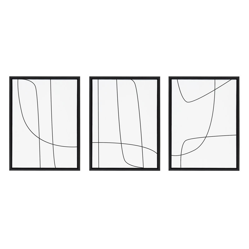 "Modern Line" abstrait 1, 2 et 3 noir et blanc par The Creative Bunch Studio, ensemble d'art mural sur toile encadrée, Noir
