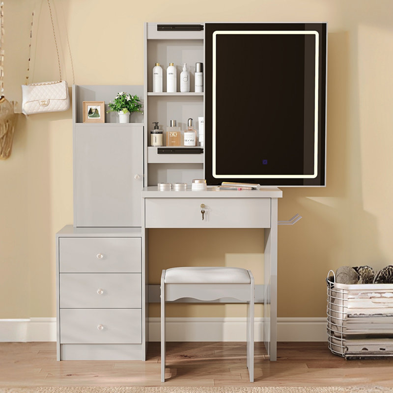 Vanity Desk Set With Sliding Lighted Mirror, Makeup Dressing Table With 4 Drawers & 9 Storage Spaces, Hidden Compartments And Cushioned Stool, White Beauty Furniture For Bedroom