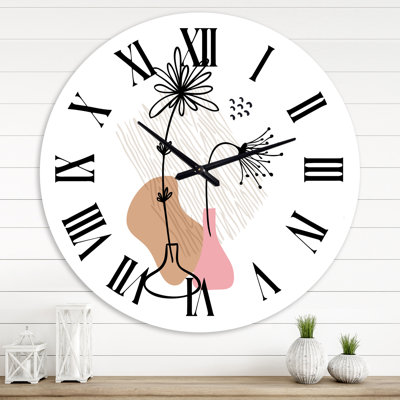 Fleurs abstraites sur formes minimalistes III - Horloge murale moderne