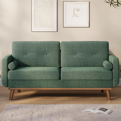 65" Loveseat Sofa, Mid Century Modern Love Seat Couches for Living Room, Button Tufted Sofa Couch with Wood Legs & Trim for Living Room, Bedroom, Office, Linen, Green