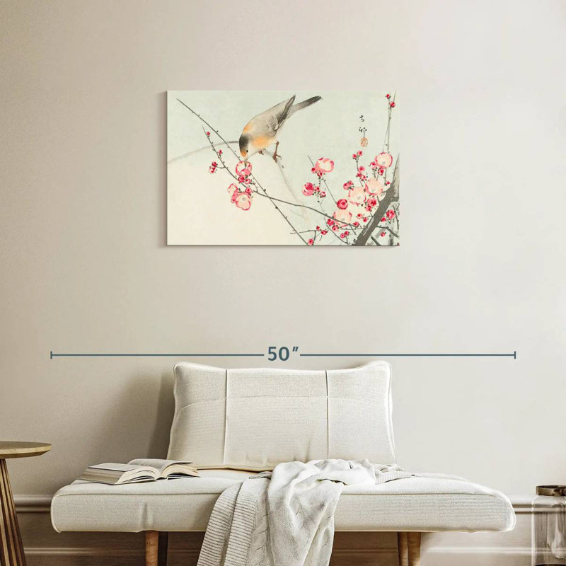 Oiseau chanteur sur une branche en fleurs, H 20 po x l 30 po