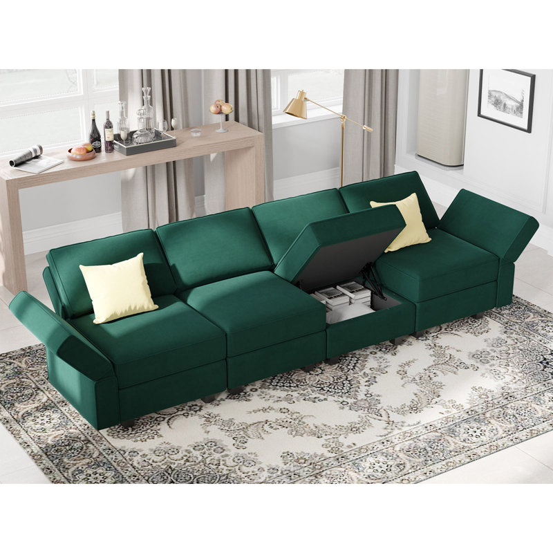 Canapé modulaire modulaire en velours 5 pièces Vashudev, Velours vert