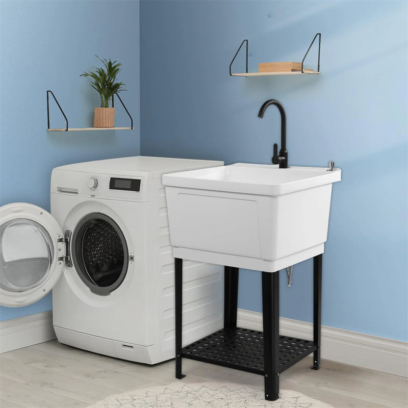 Plastic Utility Sink Freestanding With Storage Shelf, White
