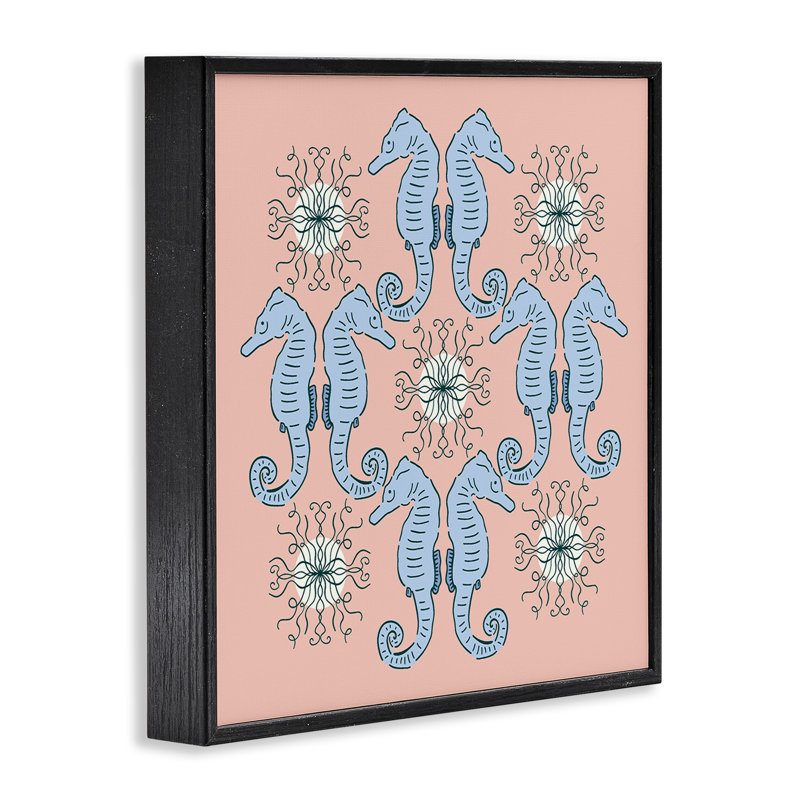 Giclée symétrique à motif hippocampe corail, design par Sazerelli Designs, Giclée encadrée noir minuit, H 12 po x l 12 po