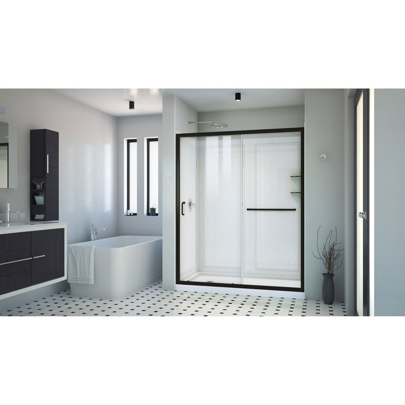Infinity-Z 60" W x 30" D x 76.75" H Semi-Frameless Rectangle Shower Enclosure with Towel Bar and Base Included, Left, Clear