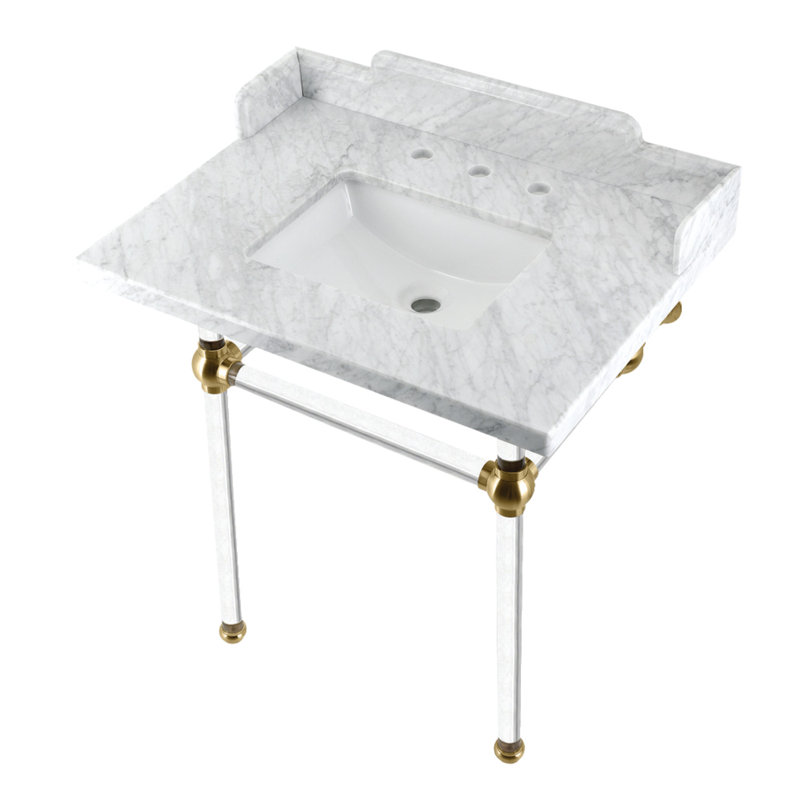 Kingston Brass Pemberton 30-Inch Carrara Marble Console Sink with Acrylic Legs (8-Inch, 3-Hole), Marble White/Brushed Brass