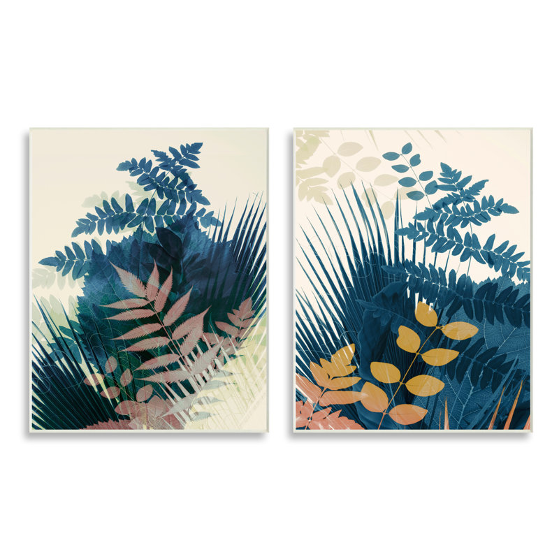 «Abstract Layered Forest Ferns Tropical Blue Beige Tones» par Ian Winistanley - ensemble de 2 impressions d'art graphique