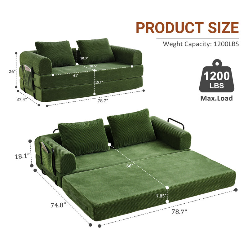 79" Corduroy Floor Sofa Bed, Convertible Sleeper Sofa with Pockets-Jade, Green