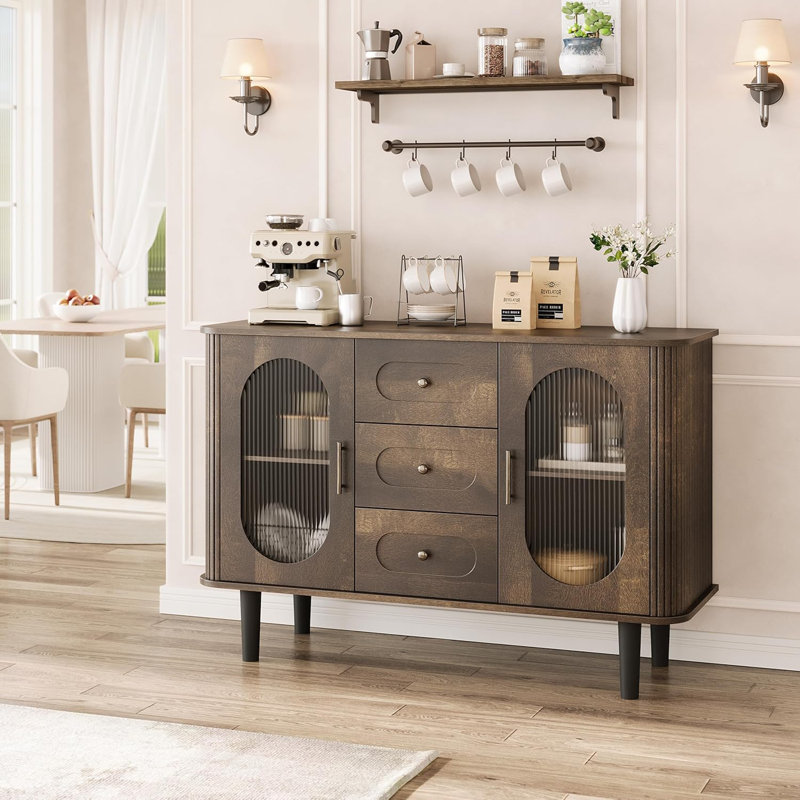 47" Buffet Cabinet, Coffee Bar Cabinet with 2 Doors and 3 Drawers, Buffet Table with Adjustable Shelves for Dining Room, Living Room, Walnut