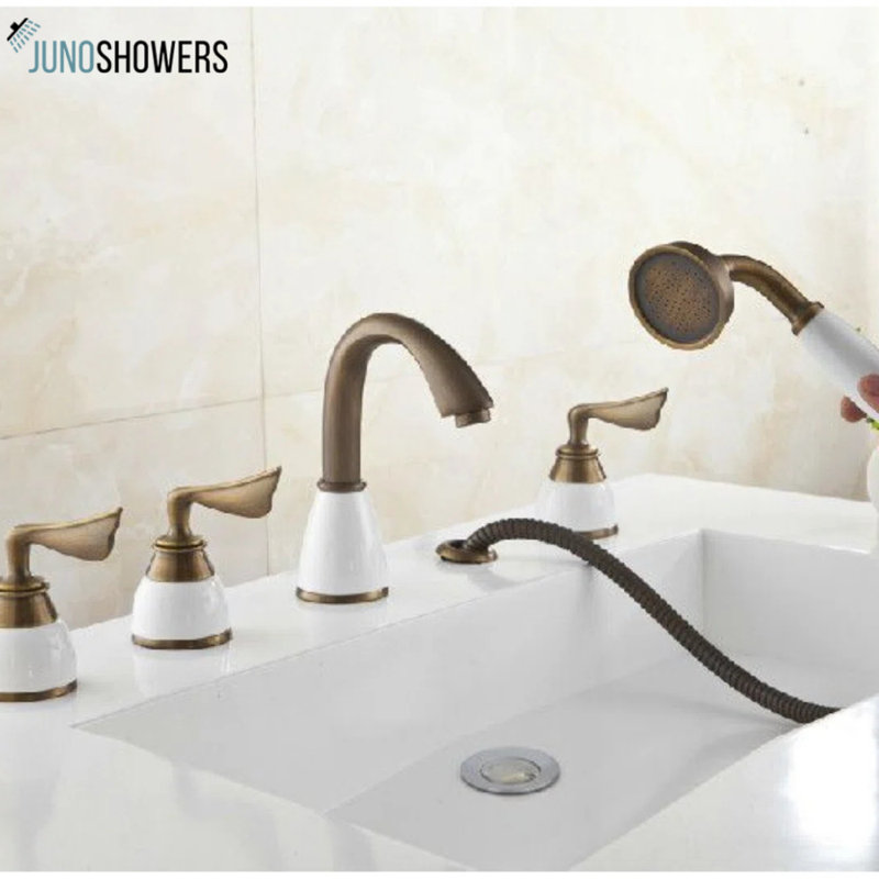Juno Antique Brass Triple Handle Bathtub Faucet with Hand Shower – Vintage Elegance & Modern Functionality