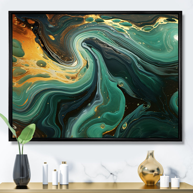 Abstrait marbre vert et doré II - décoration murale en marbre, Cadre flottant noir, H 12 po x l 20 po x P 1 po