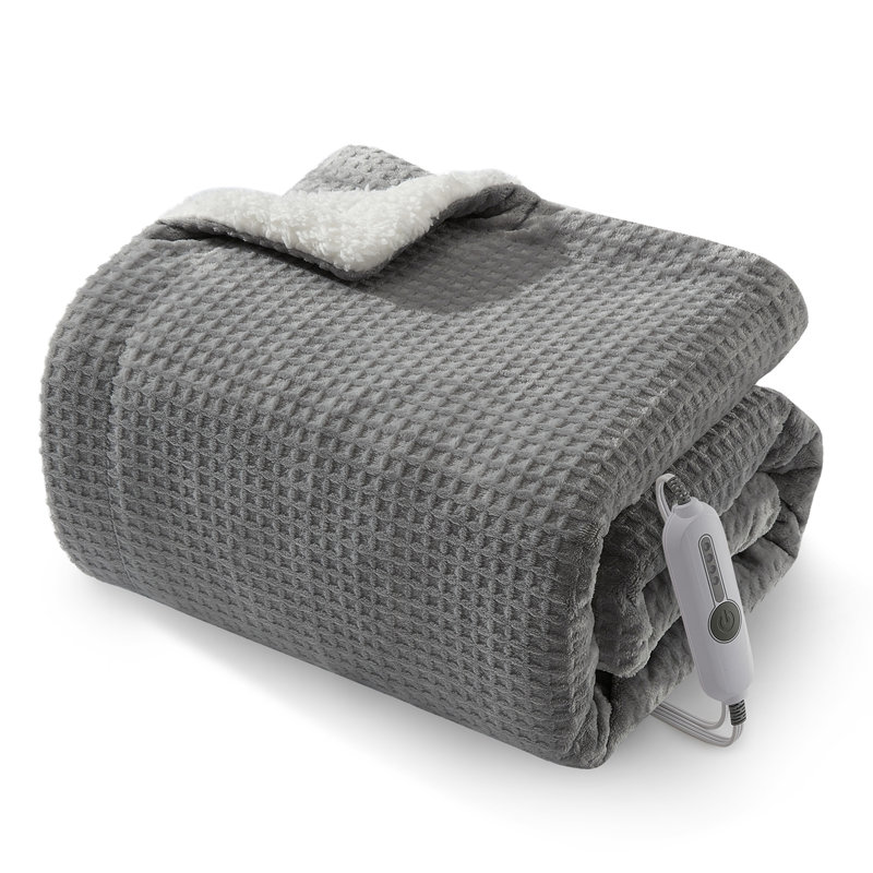 Couverture électrique à chauffage rapide pleine grandeur 72 po x 84 po - flanelle douce et gaufres, 4 niveaux de chaleur, arrêt automatique après 10 heures, certification ETL, lavable à la machine - gris (72 po x 84 po)