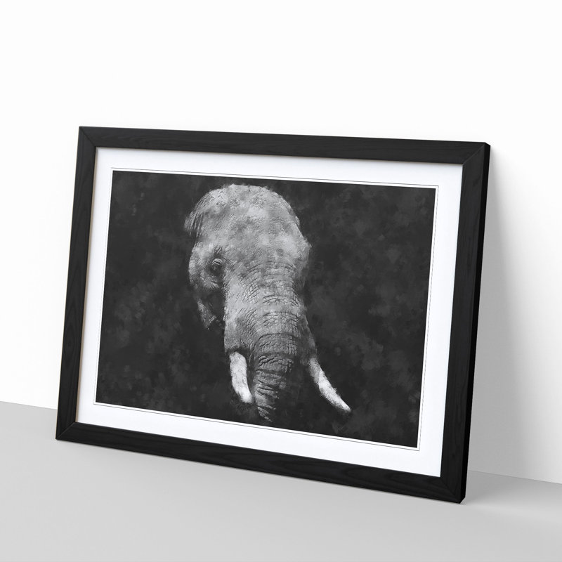 African Elephant - Single Picture Frame Painting on MDF, 33cm H x 45cm W x 2cm D, Black