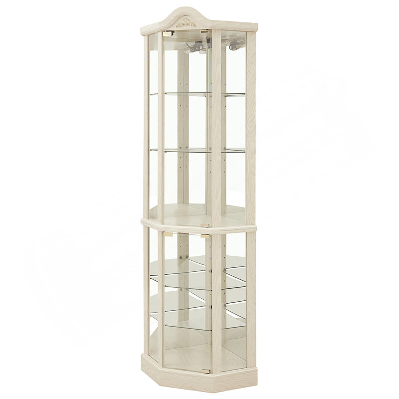 Lighted Glass Corner Display Cabinet With Adjustable Shelves And Built-In LED Lighting For Elegant Home Showcase., White