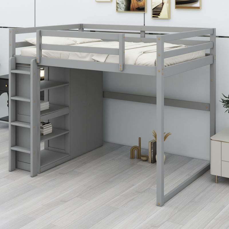 Lit mezzanine avec garde-robe intégré et tablettes de rangement, lumière DEL, Gris
