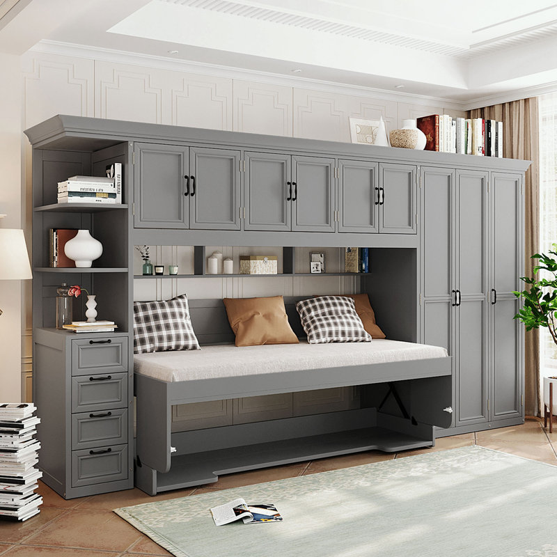 Lit escamotable Murphy avec garde-robe, armoire et bureau intégrés pour une économie d'espace et multifonctionnelle, Gris