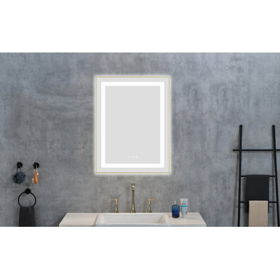 Miroir de salle de bain 24 po x 28 po à DEL avec façade et rétroéclairage, miroir de meuble-lavabo mural avec cadre en aluminium, antibuée, mémoire, 3 couleurs, gradation continue