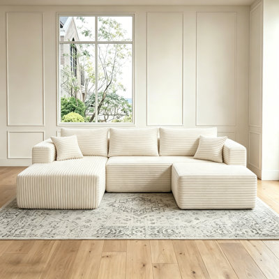 92.5" Modular Sectional Compression Sofa, U-shaped Modern Corduroy Couch Set No Assembly Required Right Beige