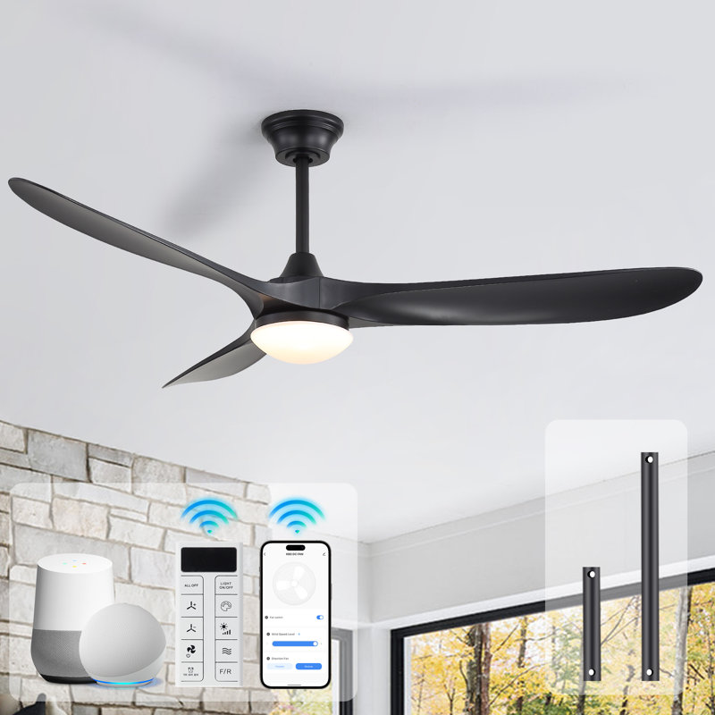 Bartling 60-Inch 3-ABS Blade Modern Ceiling Fan With Light and Amazon Alexa/Voice/Remote/APP Control（Black）, Black Blade