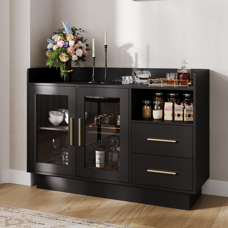 47" Modern Bar Cabinet with LED Lights & Glass Doors, Large Coffee Station and Wine Bar Buffet