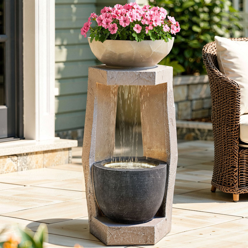 32" Modern Geometric Water Fountain with LED Lights, Two Bowls Cascading Waterfall Decor, Weather-Resistant Resin Outdoor Feature
