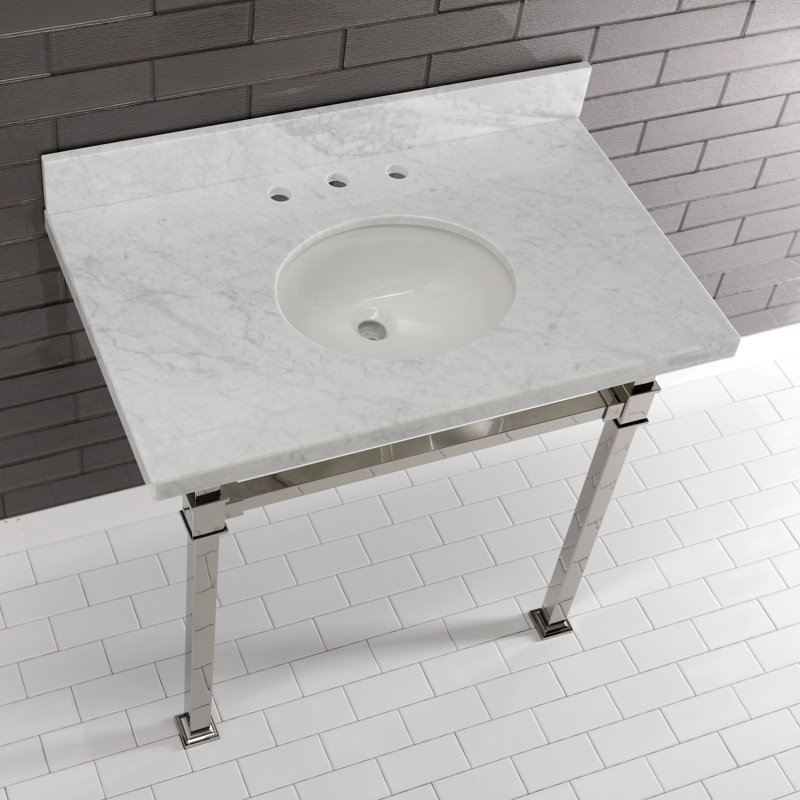 Kingston Brass Monarch 36-Inch Carrara Marble Console Sink with Stainless Steel Legs (8-Inch, 3-Hole)