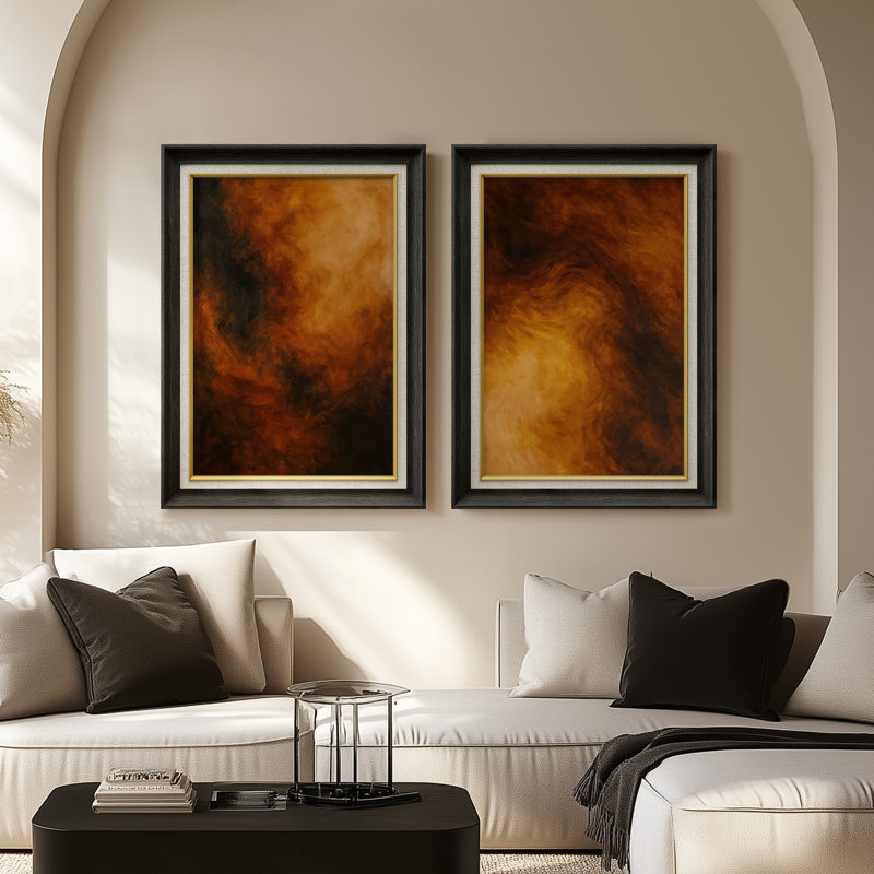 «Orange» et «Brown», impressions murales abstraites pour salon - ensemble de 2 reproductions d'art encadrées de qualité supérieure sur papier 26 po x 36 po