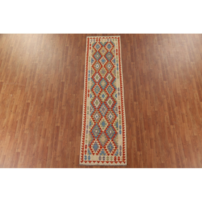 Geometric Kilim Wool Runner Rug 3x10