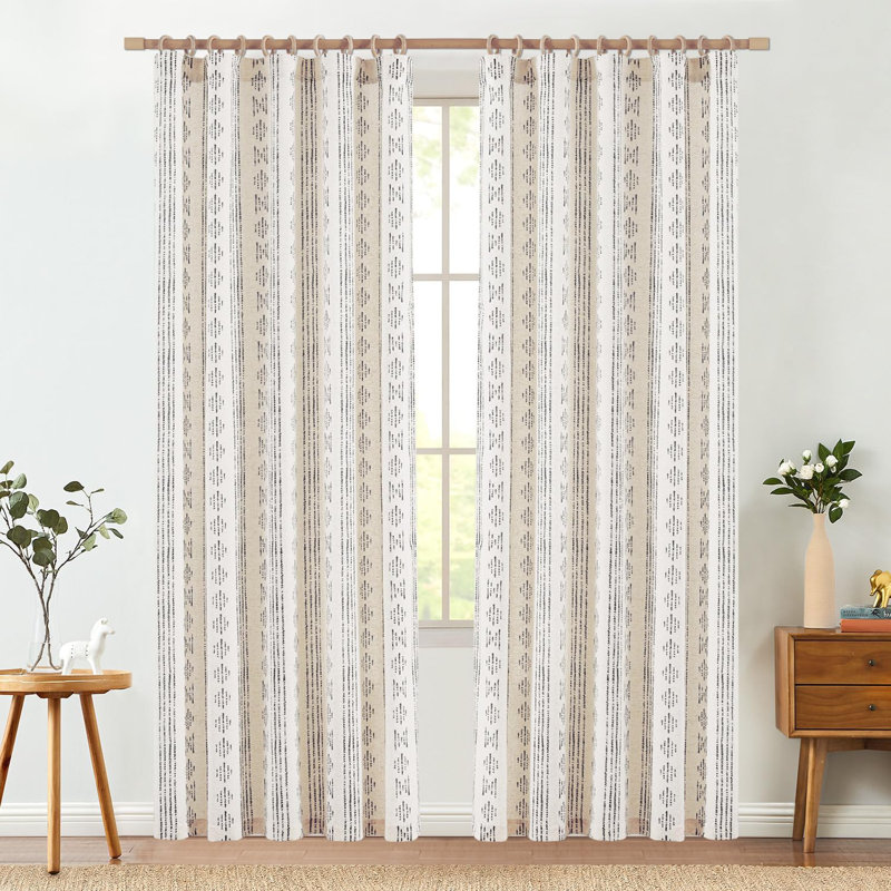 Linen Blend Semi-Sheer Rod Pocket Curtain Pair, Black on Flax, 52" W x 90" L