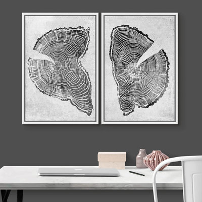 IDÉE4WALL, reproduction d'art sur toile encadrée, ensemble, anneaux d'arbre en bois noir et blanc, plantes florales, illustrations, art moderne, nature, coloré, salon, chambre à coucher, bureau
