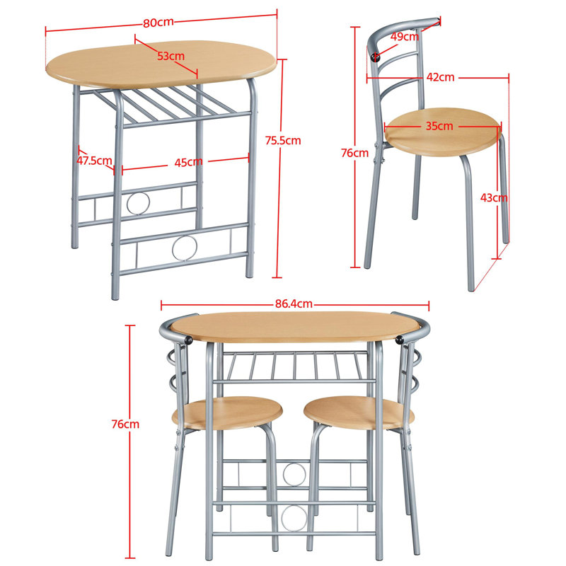 Bot 2 - Person Dining Set, 75.5cm H x 80cm W x 53cm D, Natural, Silver