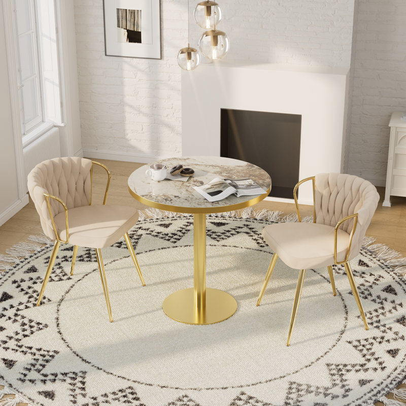 Ensemble repas rond à piédestal pour 2 à 4 personnes, 3 pièces: table, 2 chaises, Beige