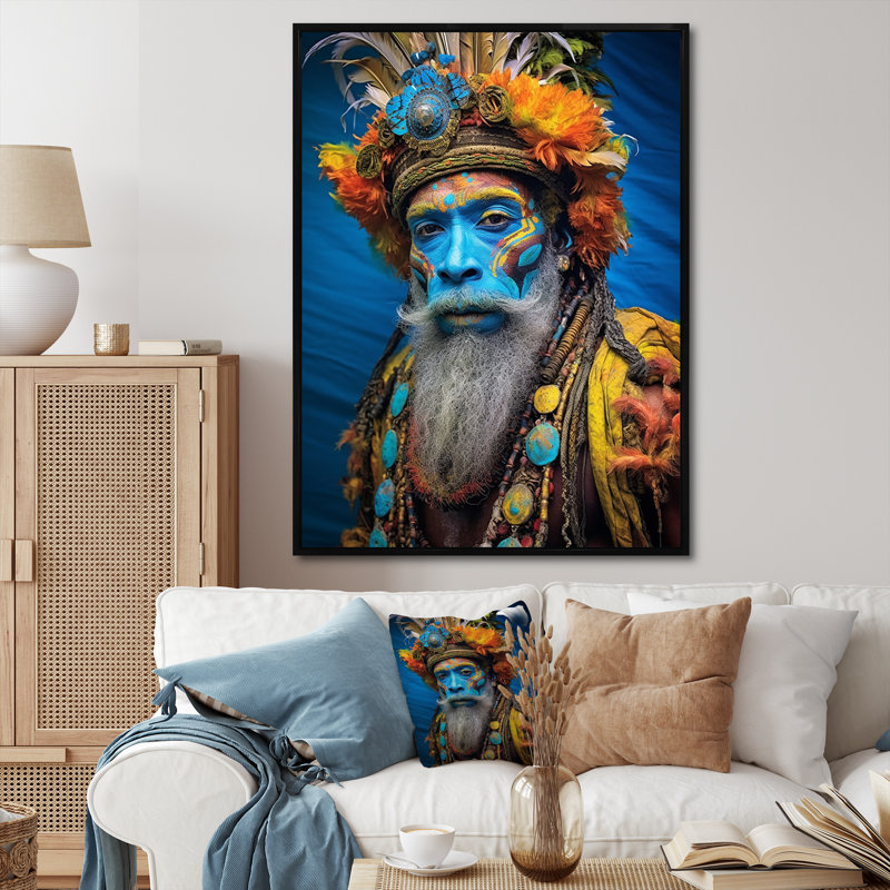Portrait d'un homme gourou avec un visage bleu sur toile, H 40 po x l 30 po x P 1,5 po, Cadre flottant noir