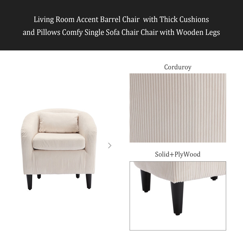 Fauteuil demi-tonneau Living Room, Velours côtelé beige
