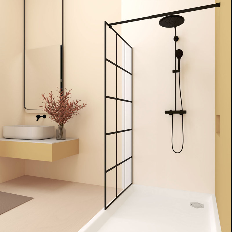 34" W x 72" H Matte Black Framed Shower Screen with Grid Silk-Printed Clear Glass, Support Bar Included
