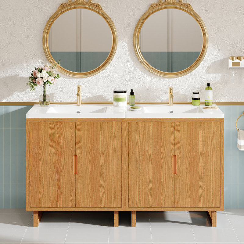 Meuble-lavabo double 60 po avec plateau en résine, Bois robuste