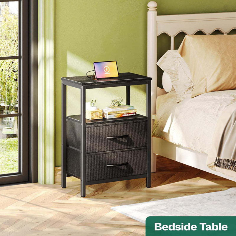 Nightstand With Charging Station, Side Table With Fabric Drawers, End Table With Open Shelf, Bedside Table With USB Ports And Outlets, Night Stand For Bedroom, Black