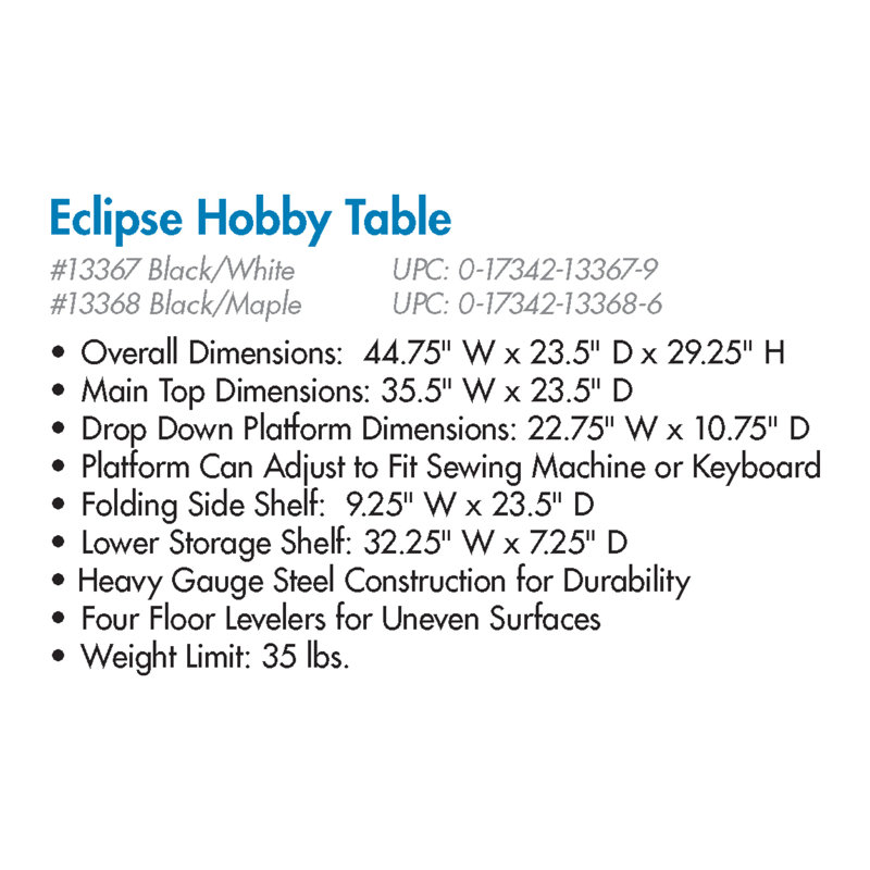 Sew Ready Eclipse Hobby Sewing Table with Storage Drawer and Shelves, Black, White