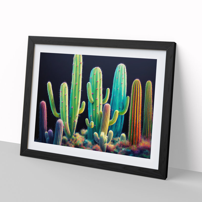 Colourful Cactus - Single Picture Frame Print, Black, 46cm H x 64cm W x 2cm D