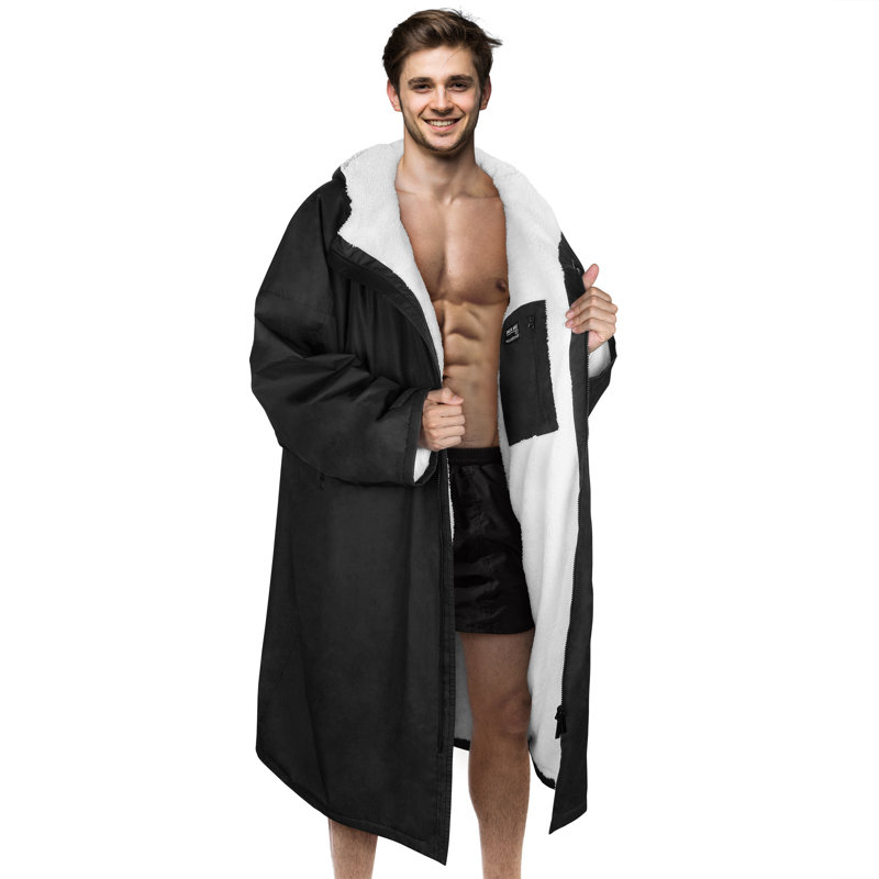 Peignoir Imperméable Homme Femme - Poncho De Surf Avec Doublure Sherpa - Coupe-vent - Pour Natation, Triathlon, Plein Air - Noir Taille L/XL