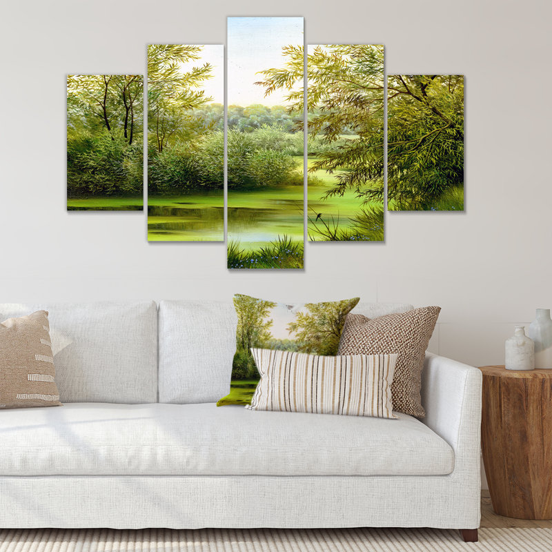 «Beautiful Summer River Through Trees Landscape», impression sur toile tendue 5 pièces