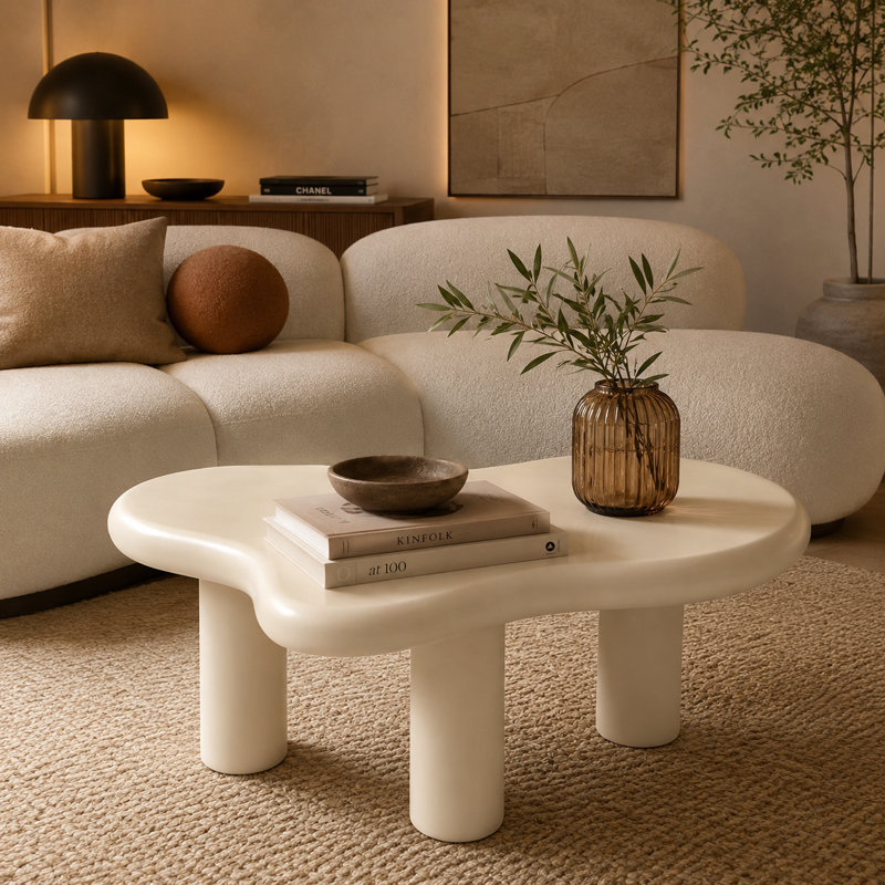 Table basse moderne en bois en forme de nuages, avec une petite table d'appoint décorative à trois pieds. Convient aux salons, balcons, terrasses et chambres à coucher. Blanc crème.