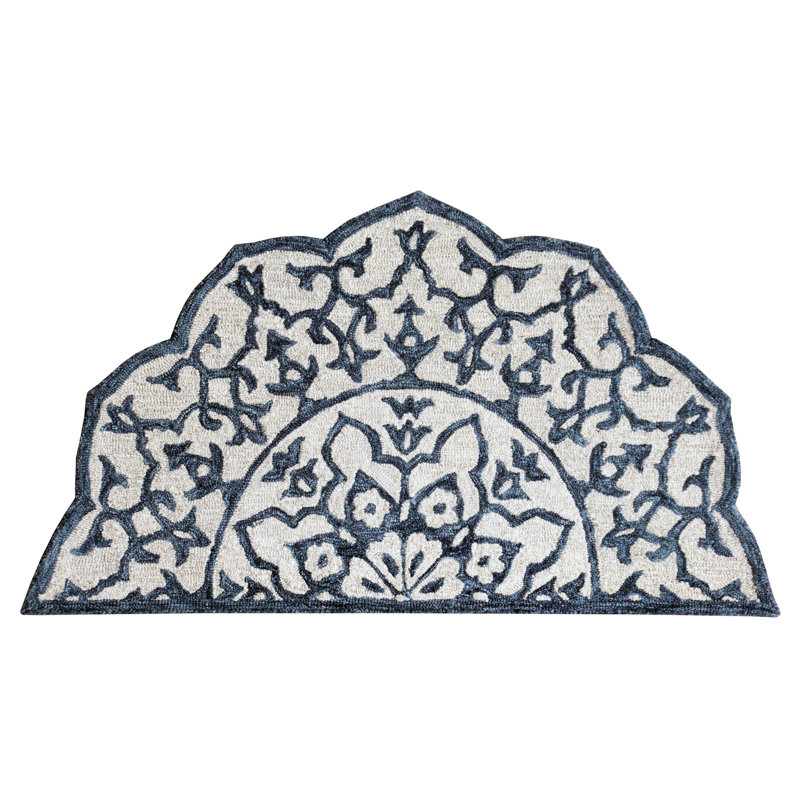 Genovese Floral Hand Hooked Wool Blue/Beige Area Rug, Half Circle 2'3" x 3'10"