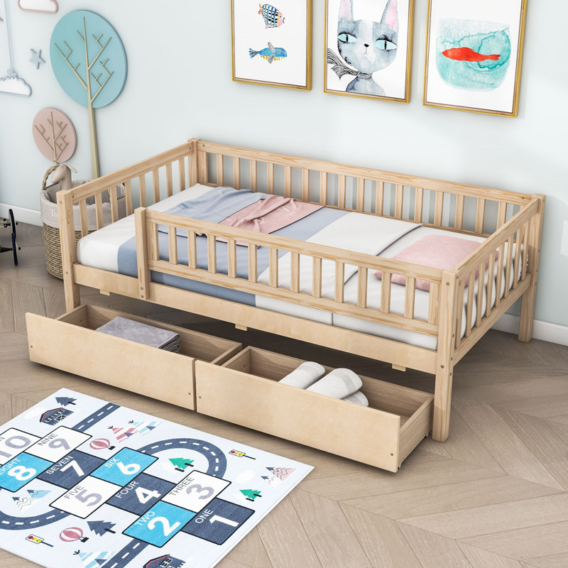 Lit en bois avec deux tiroirs, Naturel, Simple