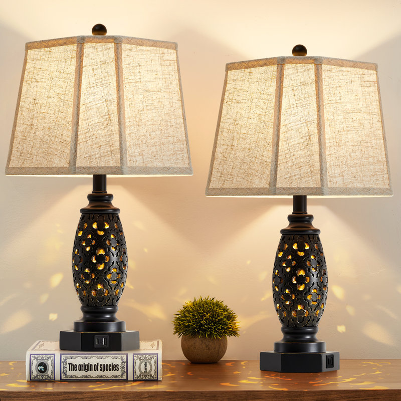 23.5" Vintage Table Lamps Set Of 2 With USB A+C And Nightlight - Carved Resin Farmhouse Desk Lamp For Bedrooms, End Tables, Living Room, Bulbs Included