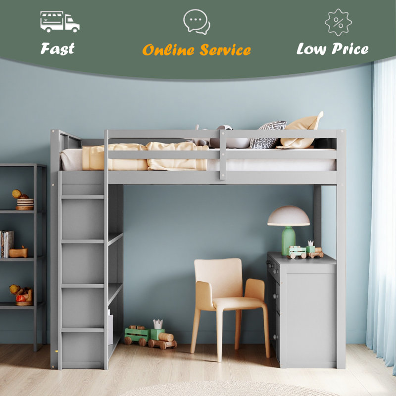 Lit mezzanine avec échelle, tablettes et bureau, Gris, Lit double